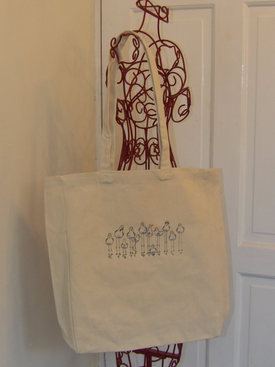 Funny seagulls embroidered large canvas tote beach bag 