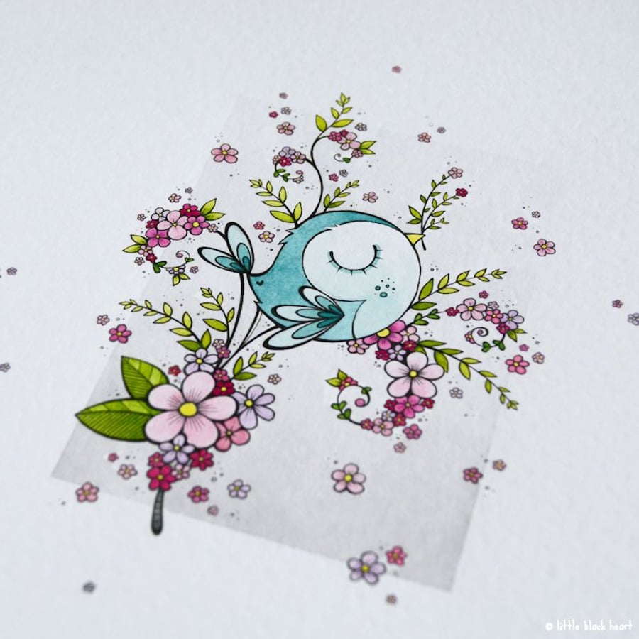 blue blossombird in branches - original illustration