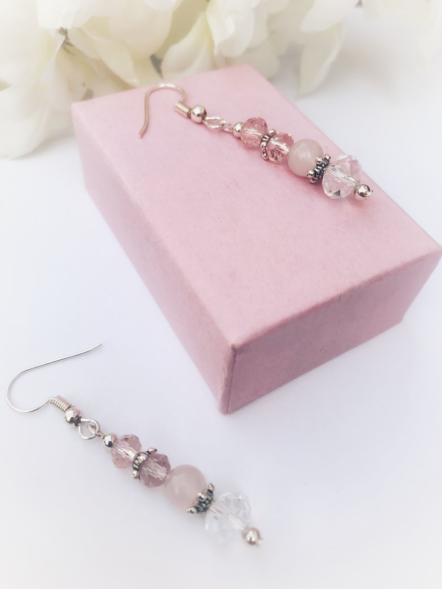 FREE P&P Crystal and pink glass and rose quartz earrings 