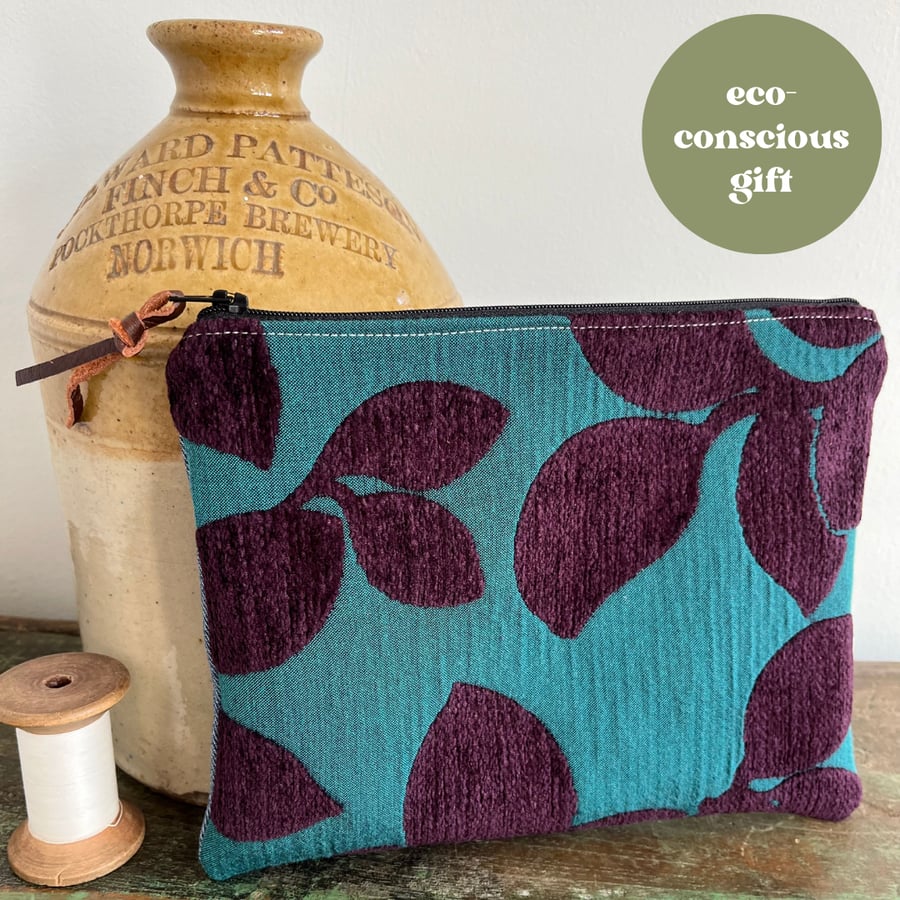 Purple and teal chenille Liberty fabric and reclaimed denim pouch