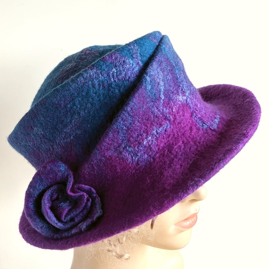 Teal blue and violet felted wool hat - One of the 'Squashable' range