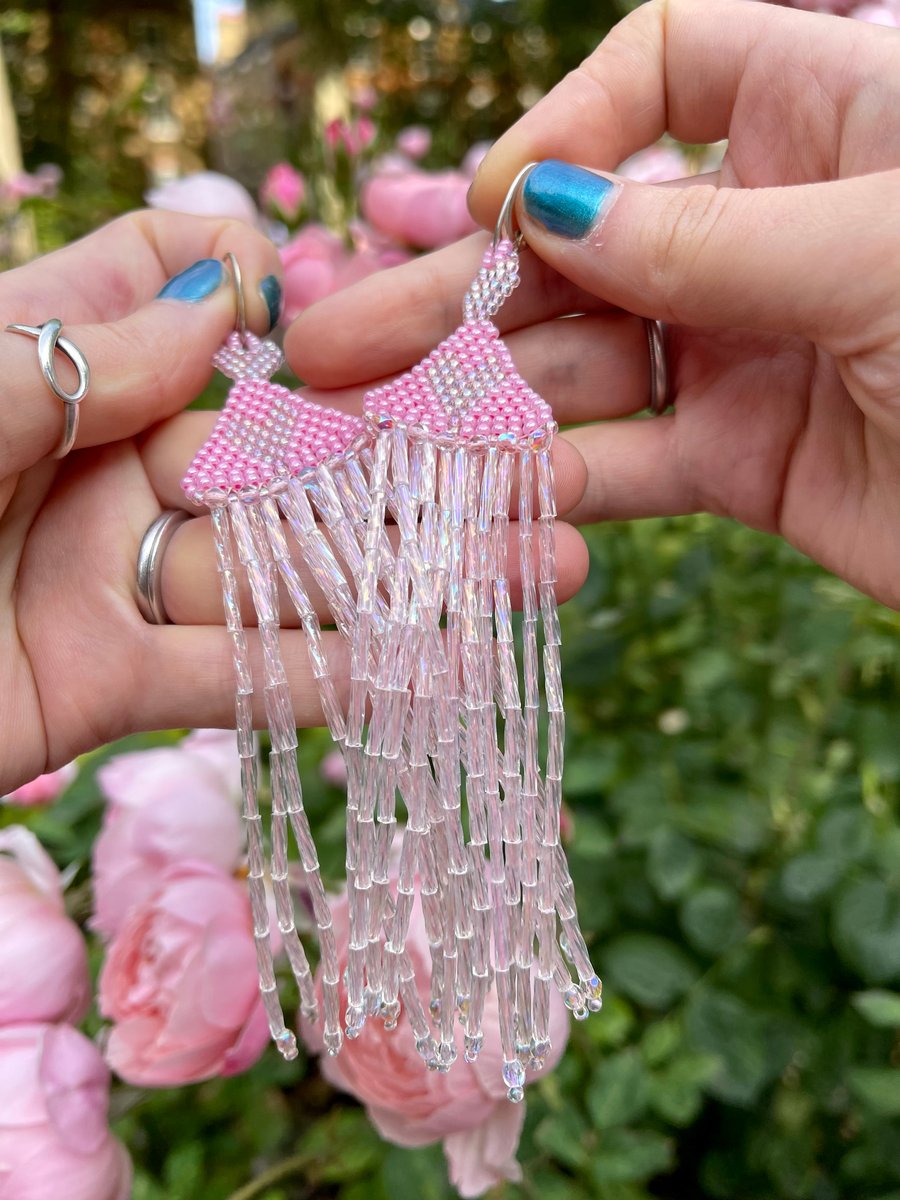 Beaded pearly shine chandelier “Rose candy floss Love” drop earrings