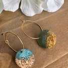 Boho green and gold resin hoop earrings