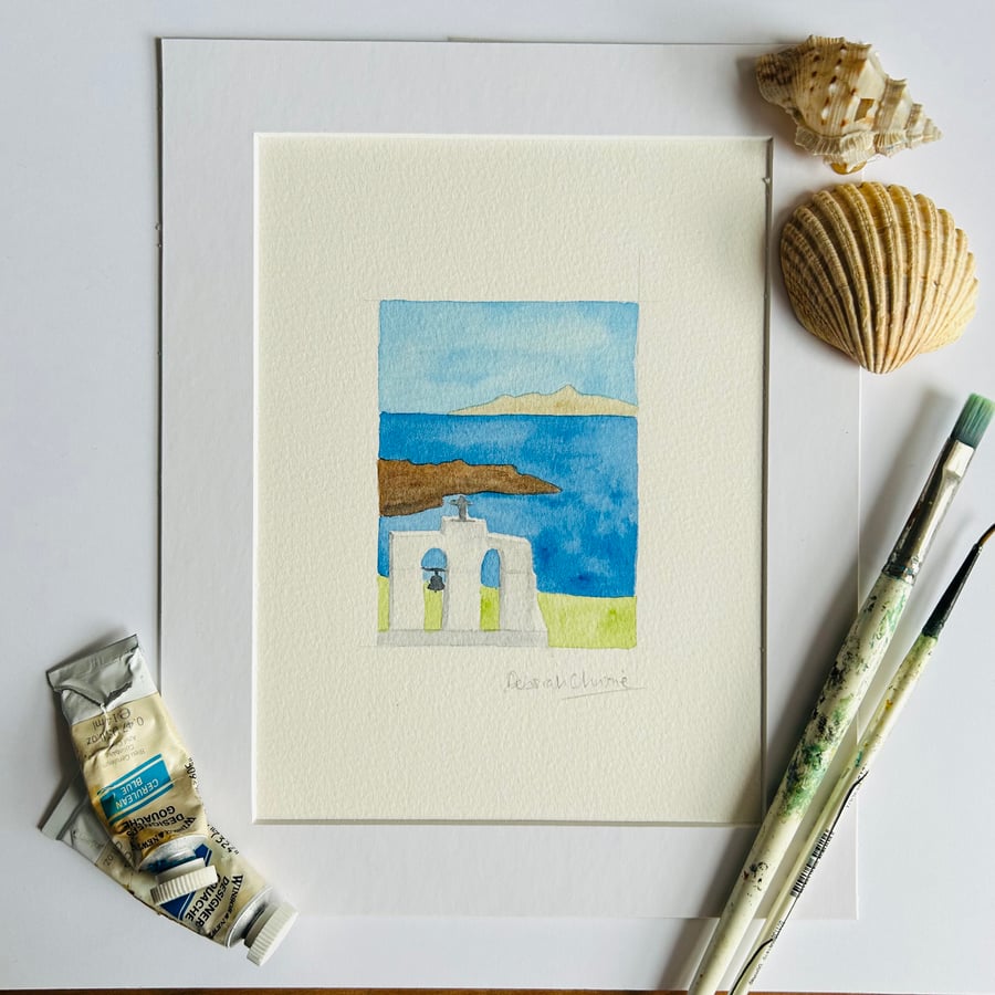 Greek watercolour church bell tower and sea