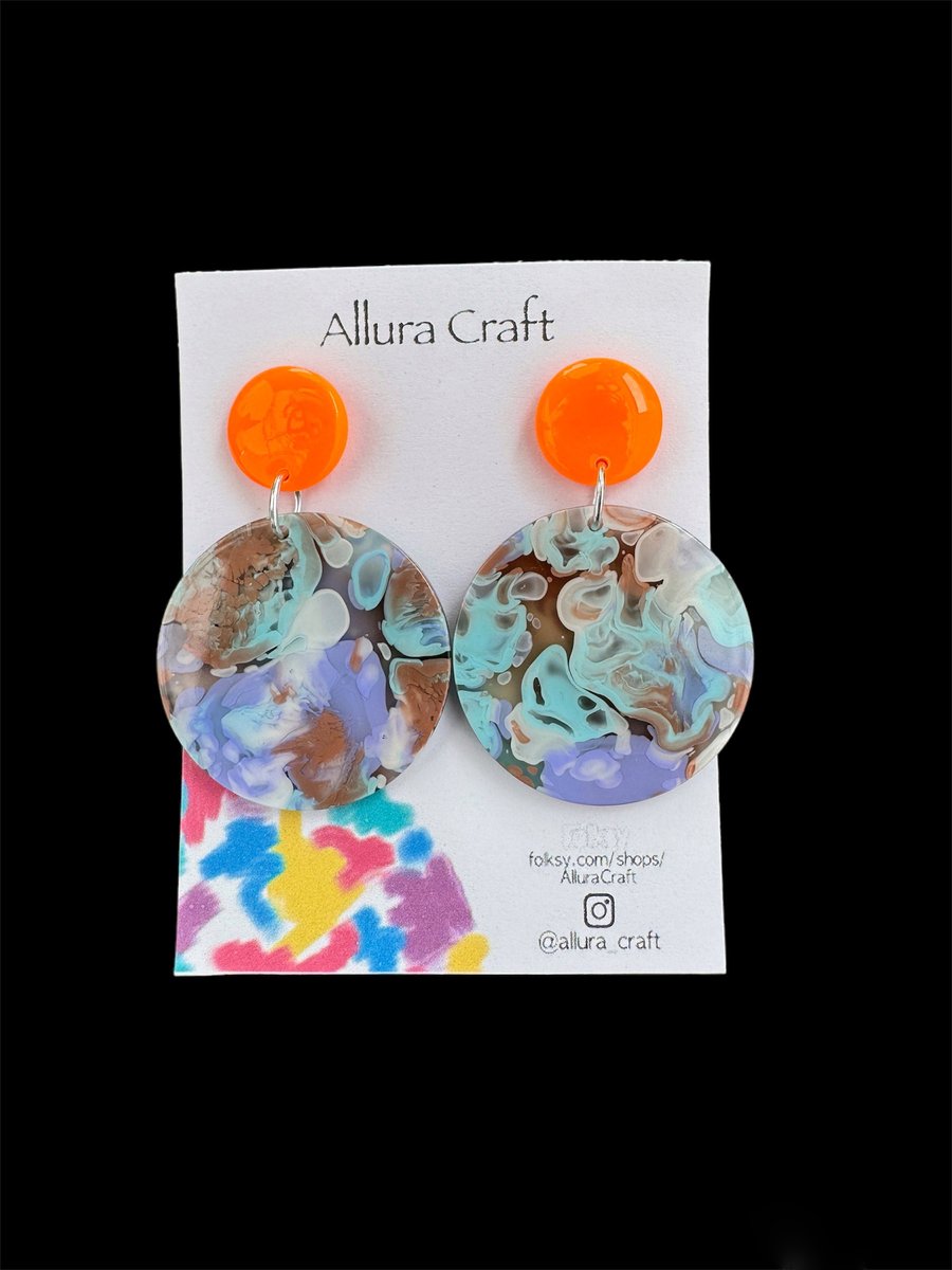 Oil Emulsion & Neon Orange Double Circle Earrings