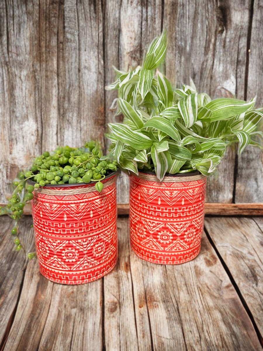 Red Aztec Tribal Plant Pot Set of 2 - 10cm