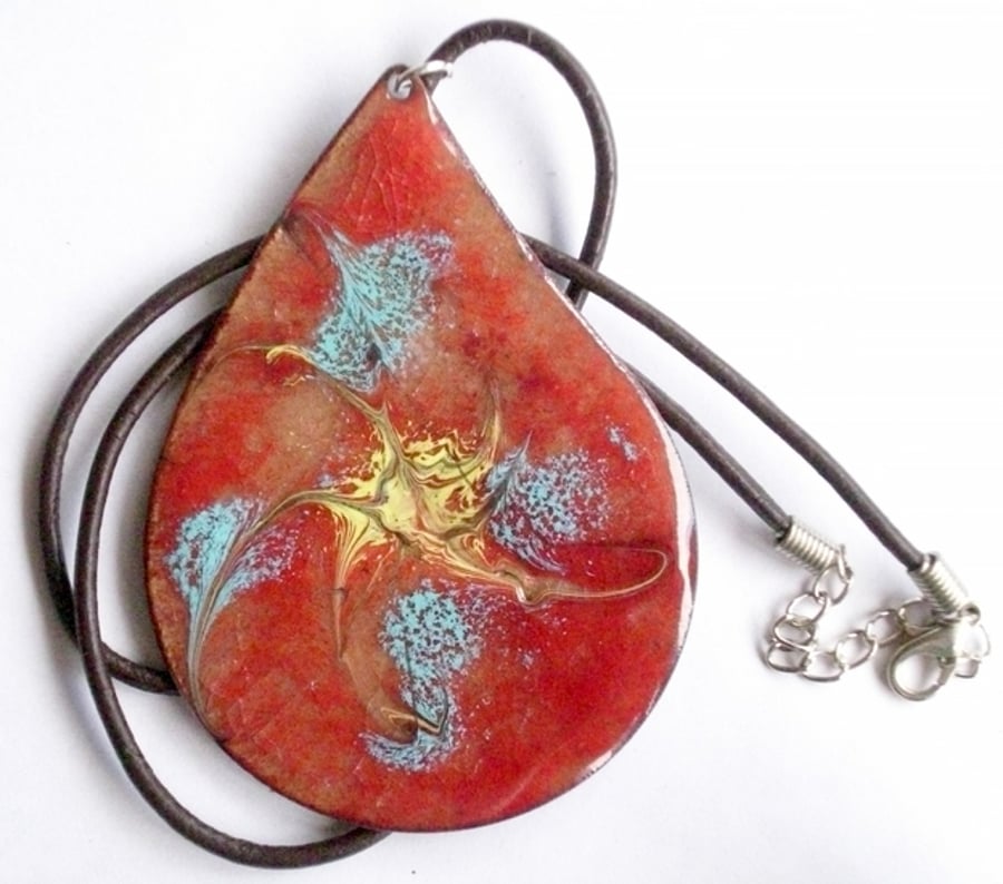 enamel teardrop pendant - scrolled turquoise and yellow over red on clear enamel