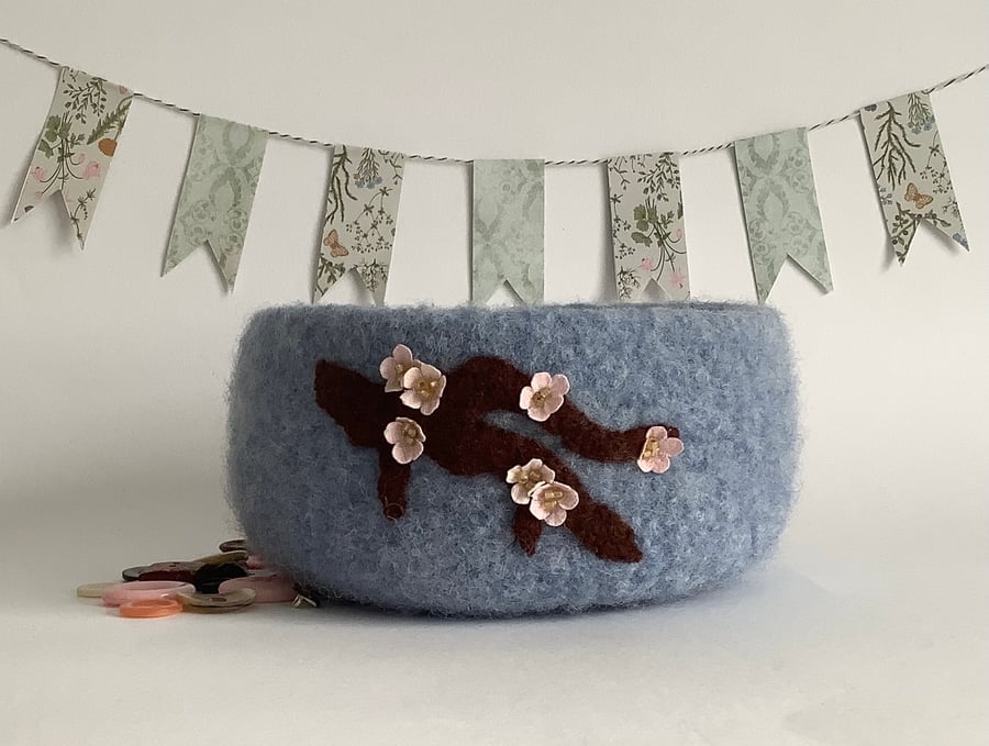 FELTED 'FUSSPOT' BOWL, desk tidy  ' Plum Blossom'. Spring. Blue. 