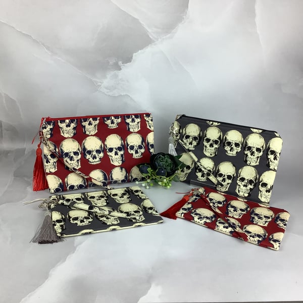 Gothic skulls zip clutch, Detachable wrist strap, 2 sizes and colours available,