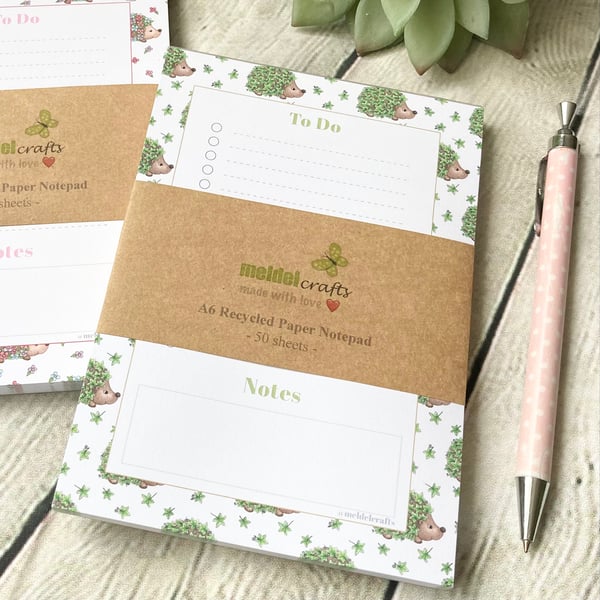 Notepad - A6 Recycled Paper Notepad - Ivy Hedgehog - To Do List