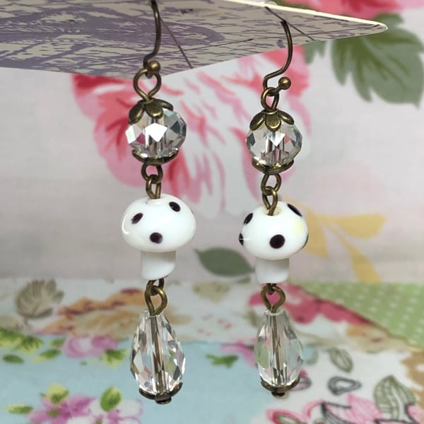 White glass toadstool earrings 