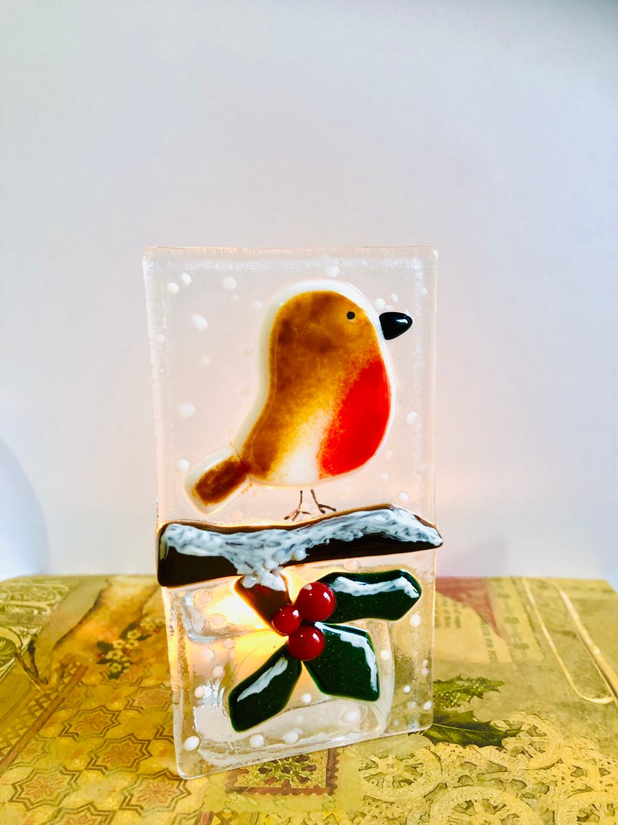 Unique Fused glass tea light candle holder robin on holly & snow 