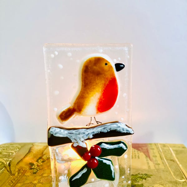 Unique Fused glass tea light candle holder robin on holly & snow 