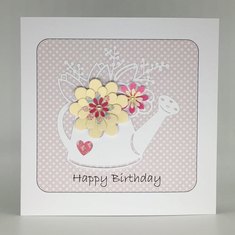 Watering can birthday card - pink and lemon