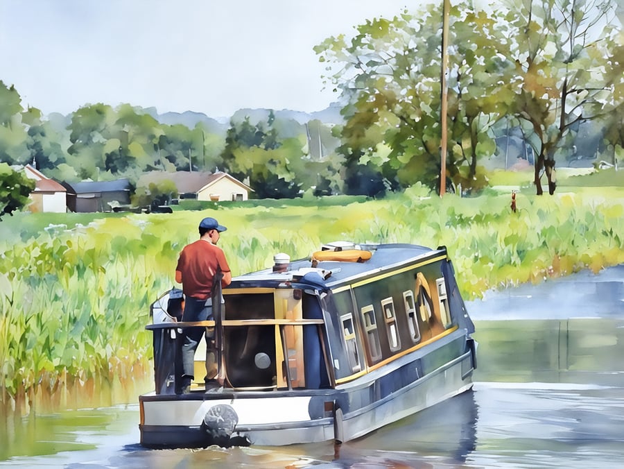 Print of Original Water Colour A4 Canal Boat 