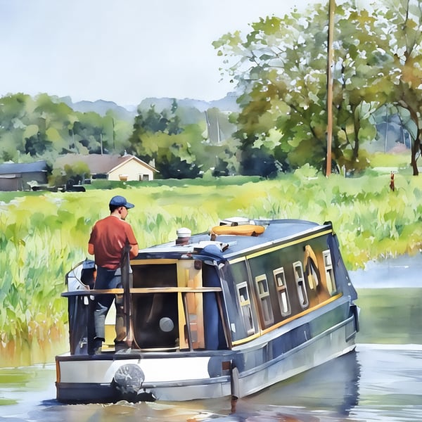 Print of Original Water Colour A4 Canal Boat 