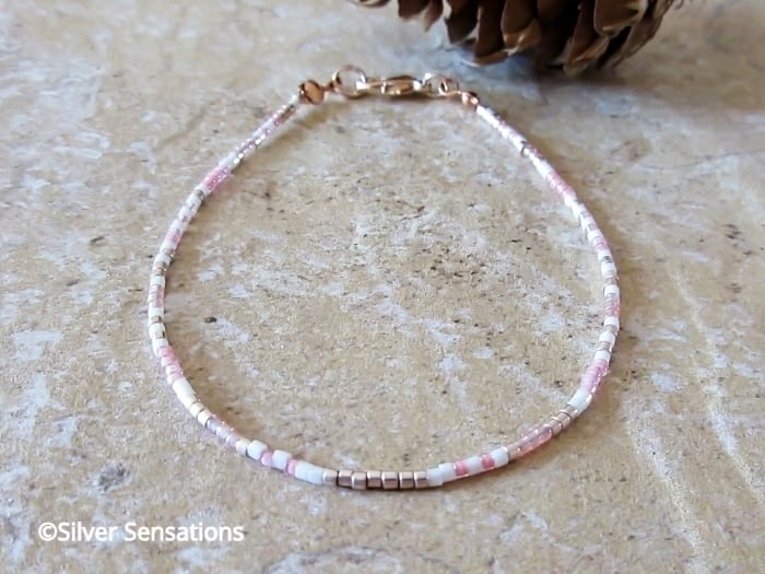 Pink, White & Rose Gold Seed Bead Friendshi... - Folksy