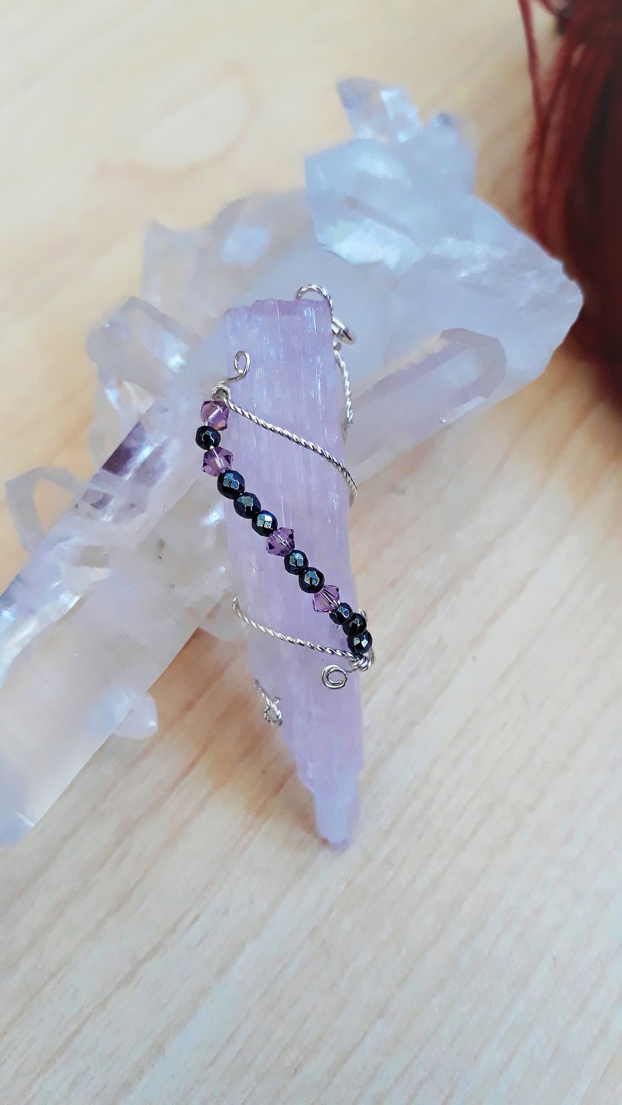 Pink Kunzite Pendant Wire Wrapped in Sterling Silver with hematite & Swarovski