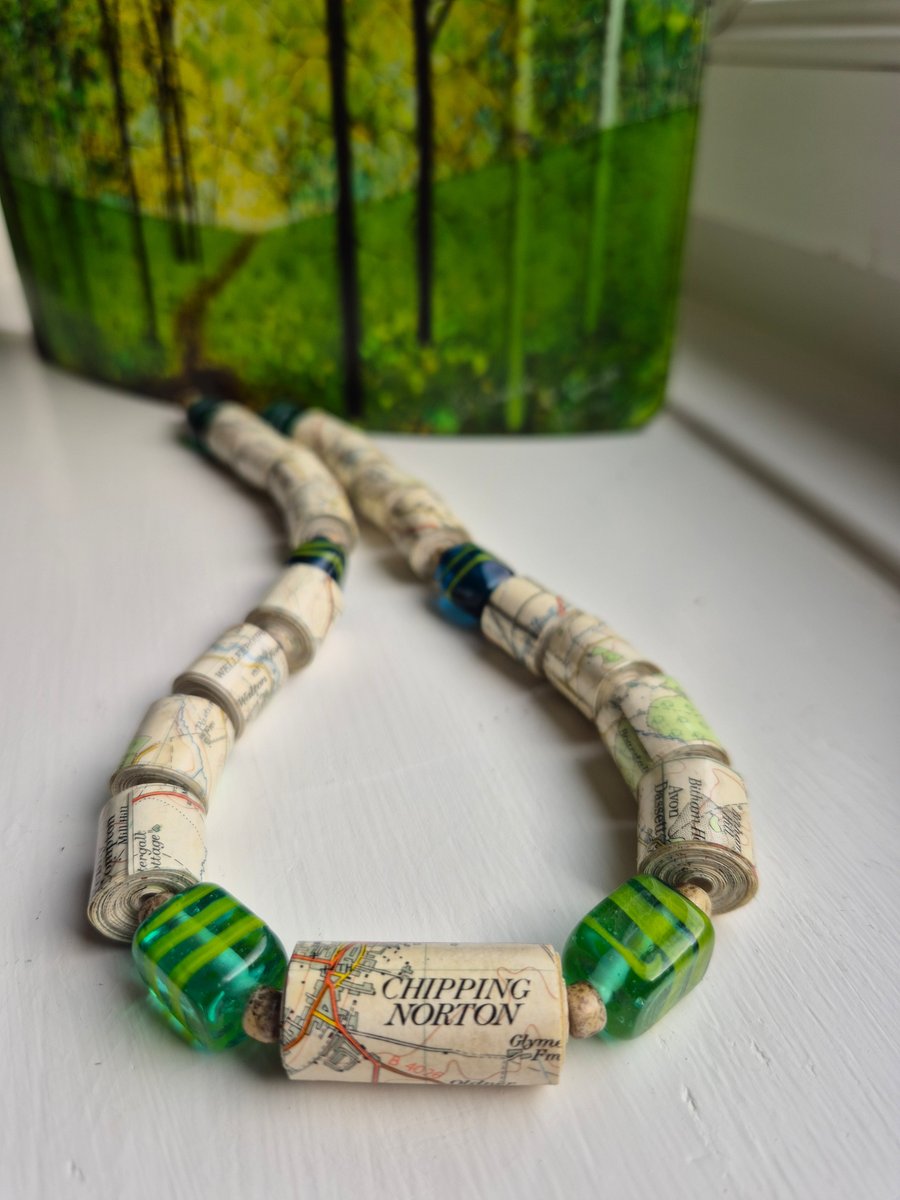 Unique necklace made from an old OS map of Banbury showing Chipping Norton