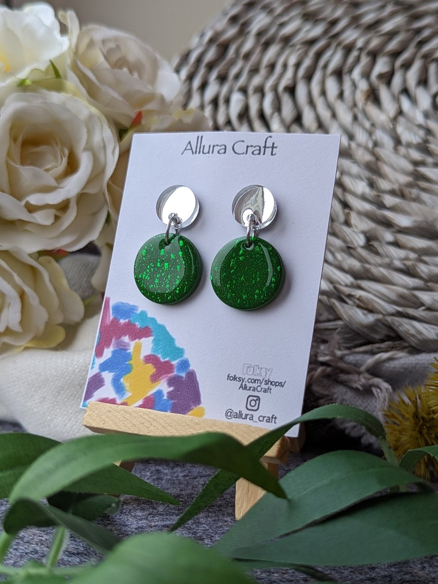 Deep Green and Mirrored Silver Double Circle Earrings 