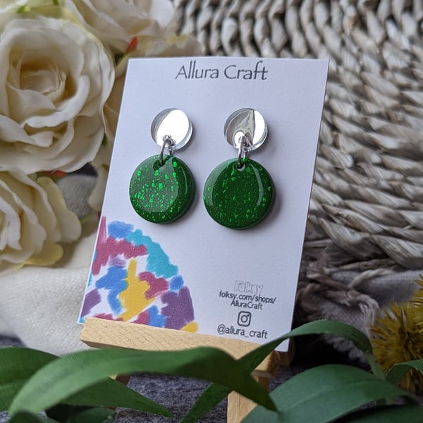 Deep Green and Mirrored Silver Double Circle Earrings 