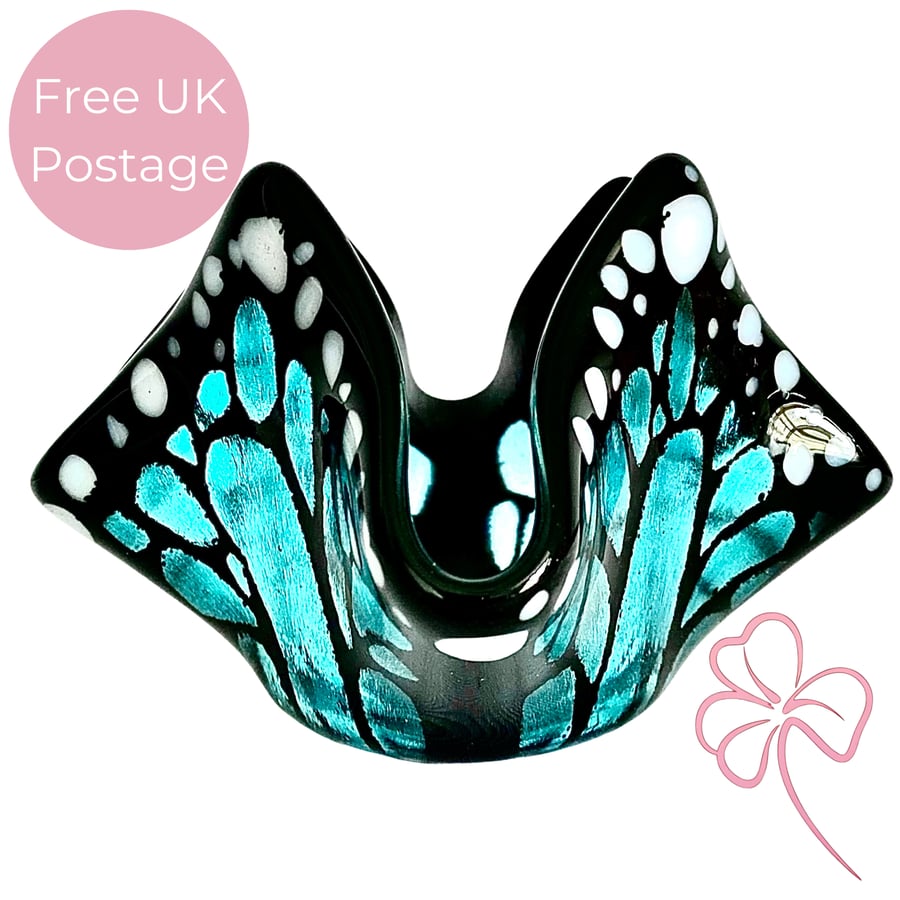 Handmade Aquamarine Fused Glass Butterfly Candle Holder