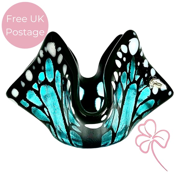 Handmade Aquamarine Fused Glass Butterfly Candle Holder