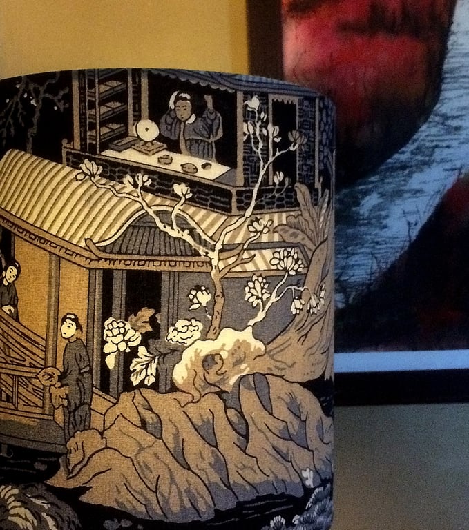 Oriental Chinoiserie MANDARIN GARDEN Elegant Black Gold Vintage Fabric Lampshade