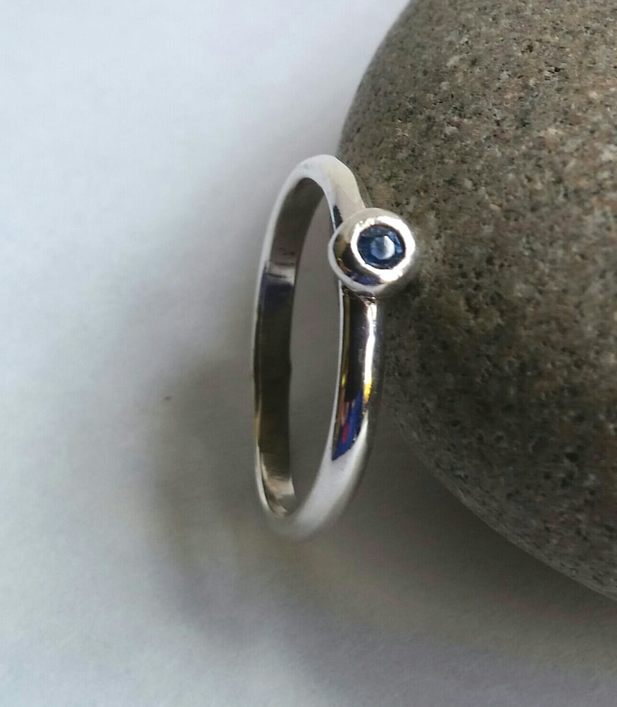Dainty blue sapphire engagement stacking ring