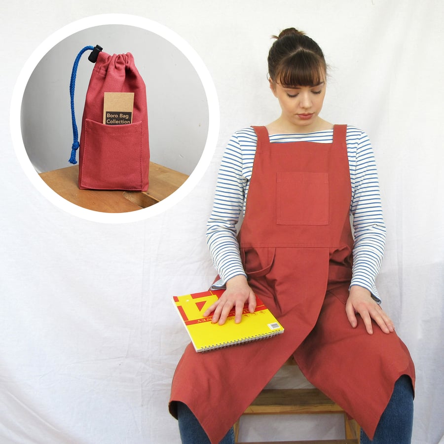 Cross Back Potters Apron PLUS Tool Bag. Dusty Red. No4:5 & 004 bag
