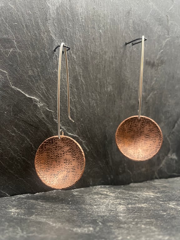 Oxidised “silk” copper disk earrings 