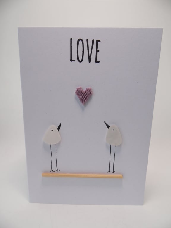 Sea Glass Birds Matt Lilac Heart Love Valentines Wedding Engagement Card C405