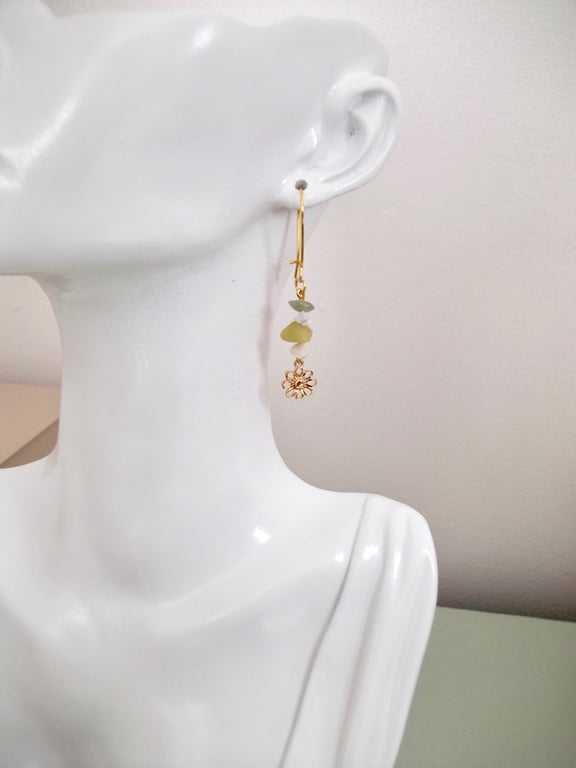Flower drop earrings Gold Plated Daisy Green jade, White jasper, Yellow 