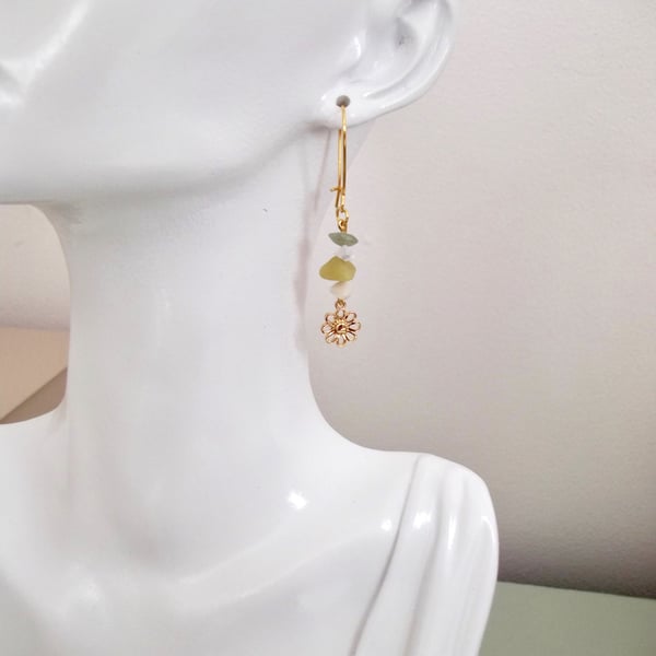 Gold Plated Daisy with Green jade, White jasper, Yellow Calcite Drop Earrings.