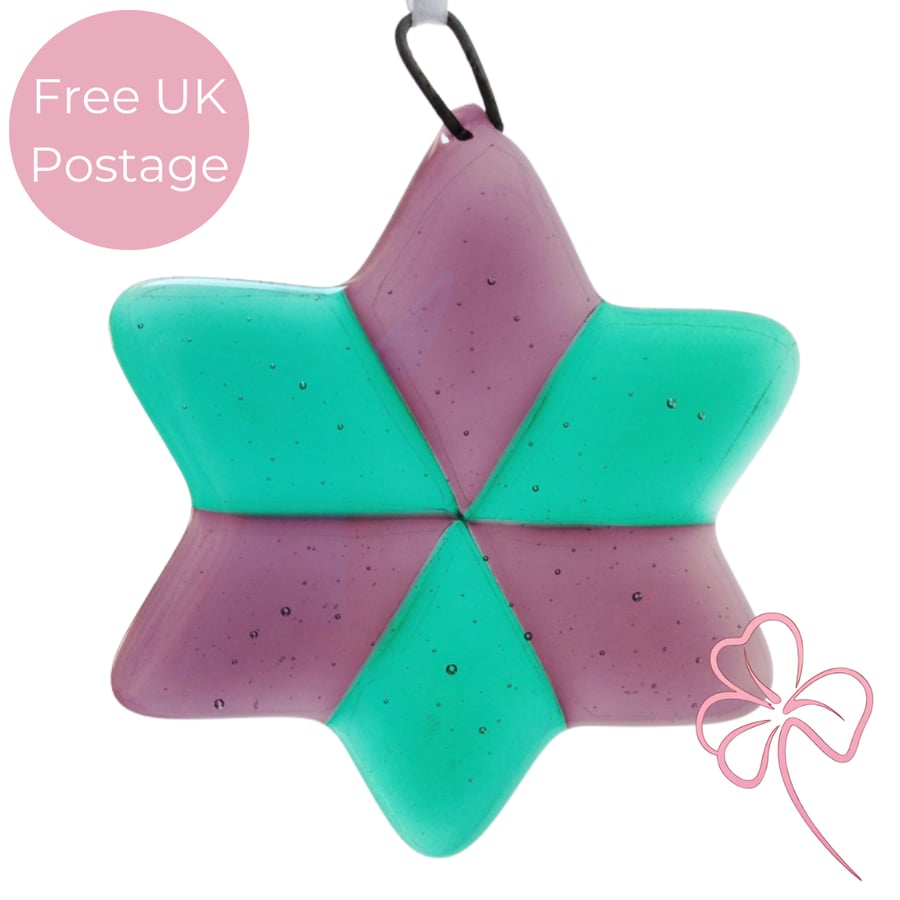 Purple & Aqua Fused Glass Star Hanging Decoration 
