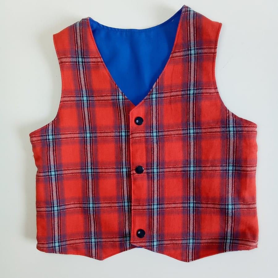 Red Tartan Waistcoat, Age 18 months, Tartan waistcoat, boys reversible waistcoat