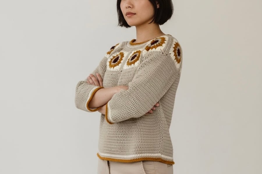Crochet Sunflower Granny Square Sweater.