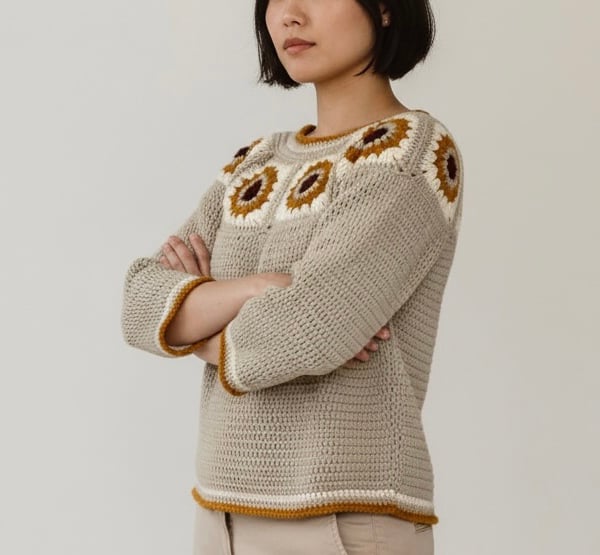 Crochet Sunflower Granny Square Sweater.
