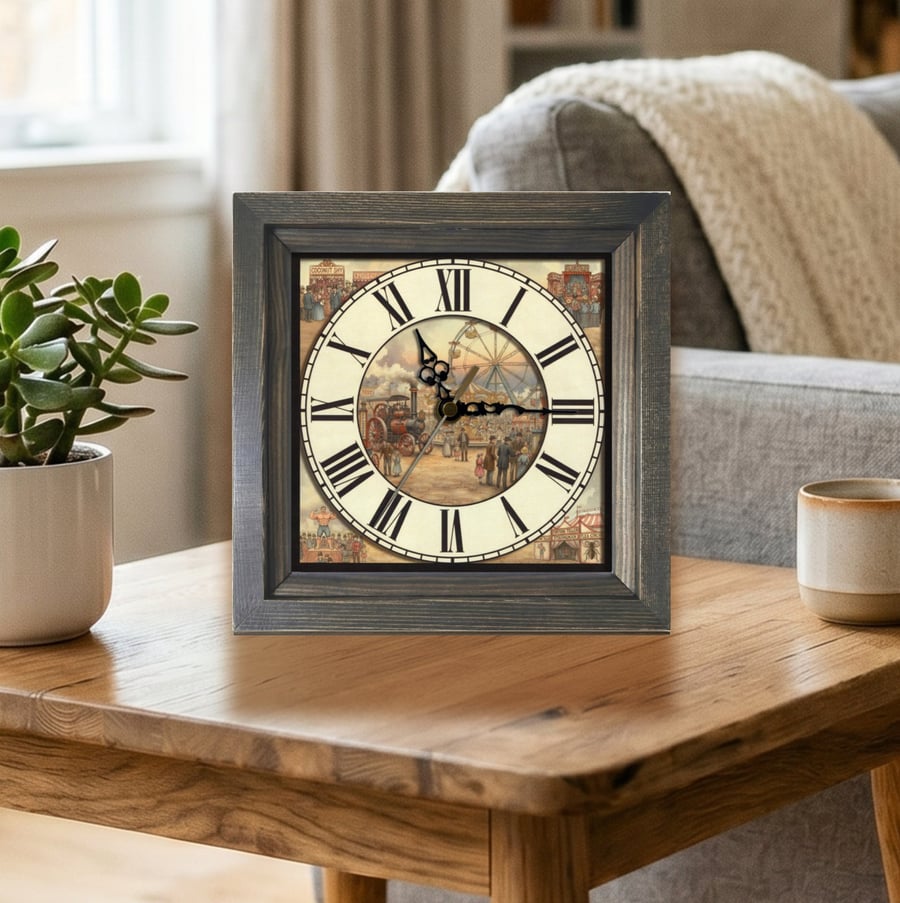 Vintage Style Victorian Steam Fairground Square Wooden Wall Clock Handmade 8x8"