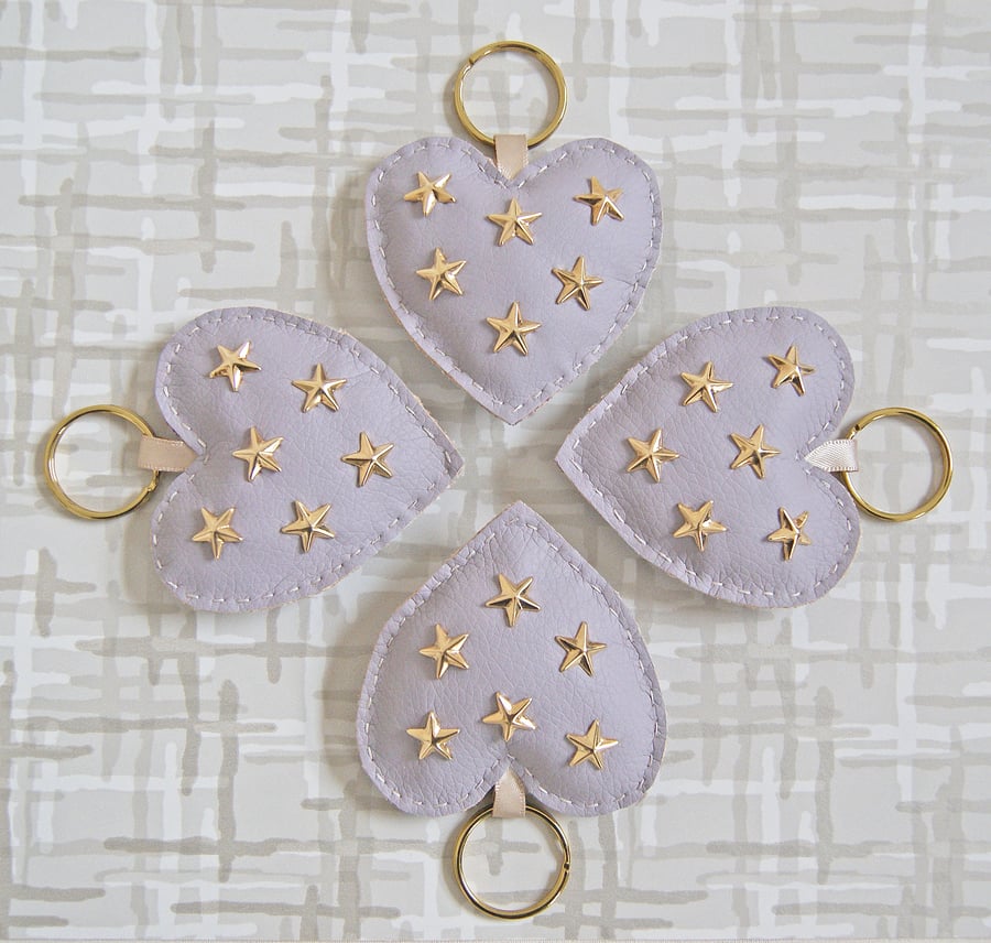 SALE Heart Studded Keyring, Lilac Bag Charm, Faux Leather Keyring