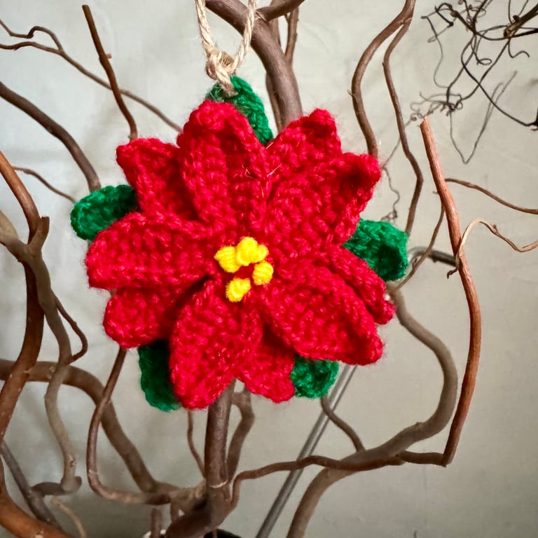 Christmas poinsettia hanging decorations, set of 2 crochet flower decorations 