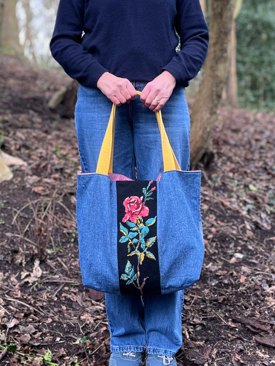 Rose tapestry and reclaimed denim large tote with gingham lining 