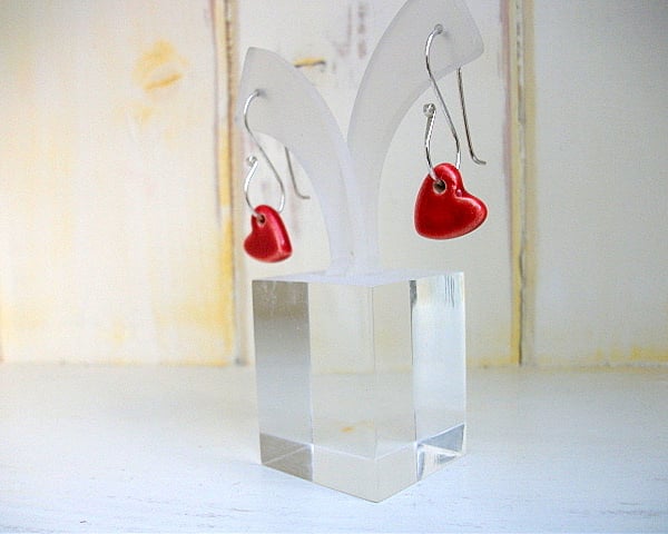 Red heart ceramic dangle earrings - sterling silver