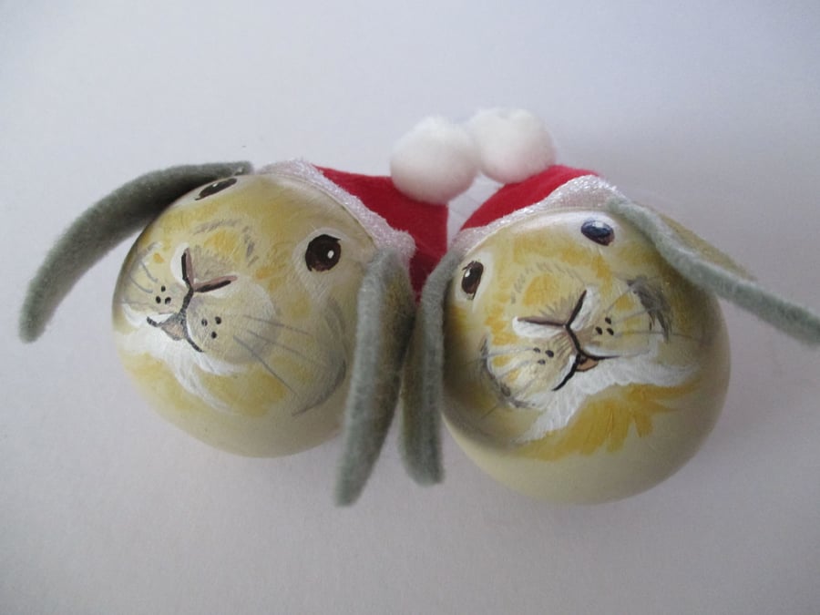 2x Lop Eared Bunny Rabbit Christmas Tree Bauble Decoration Hand Painted Animal 