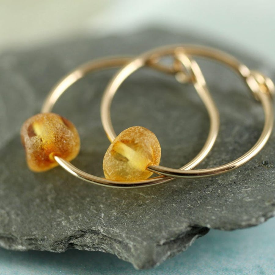 Gemstone Gold Hoops Amber Earrings 14 ct Gold Fill Sleeper Earrings with Amber B