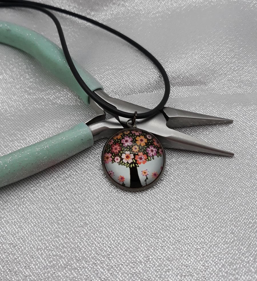 NL108 Tree with flowers picture pendant on cord necklace