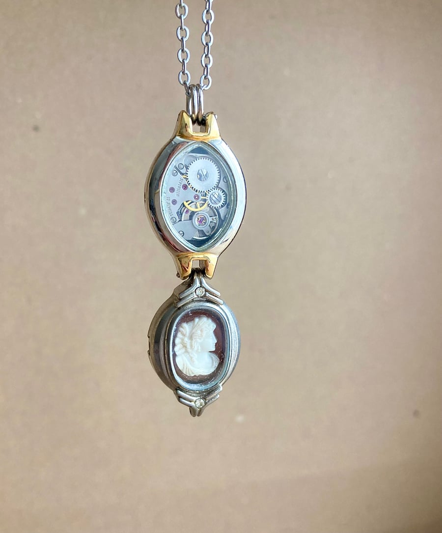 Upcycled Vintage Watch Case And Movement Featured A Vintage Miniature Cameo 