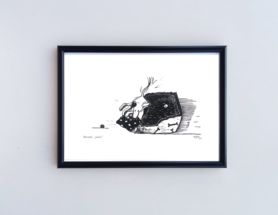 Handprinted ECO Linoprint Dog Handprinted Pooch Linocut Print Hound Pet Nature