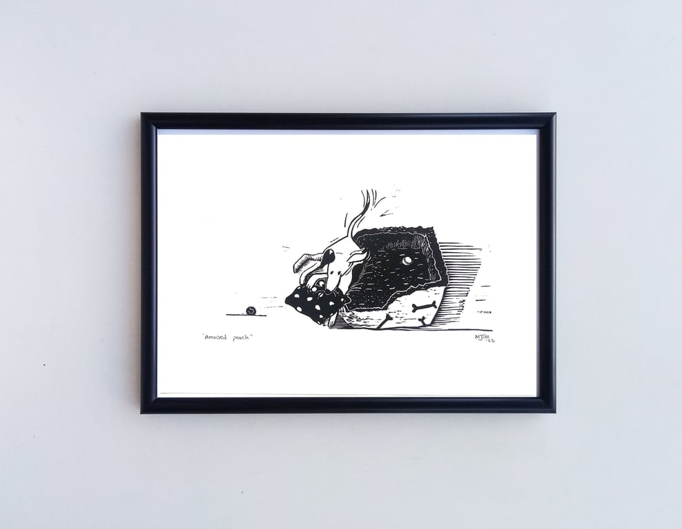 Handprinted ECO Linoprint Dog Handprinted Pooch Linocut Print Hound Pet Nature