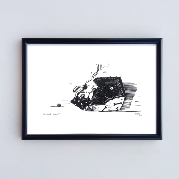 Handprinted ECO Linoprint Dog Handprinted Pooch Linocut Print Hound Pet Nature